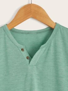 SHEIN Tween Boy's Colorblock Knitted Button Detail T-Shirt In Simple And Casual Style, Suitable For Summer Daily Wear - Mint Green - View 4
