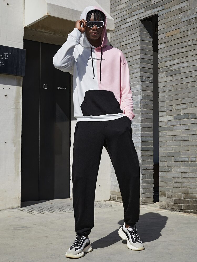 SHEIN Men Color Block Slogan Graphic Kangaroo Pocket Drawstring Hoodie u0026  Sweatpants | SHEIN