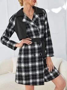 SHEIN BIZwear Omgiven Framsida Knappar Pläd Enkel Kvinnor Ytterkappor - Svart - Visa 5