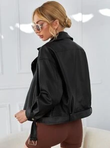 SHEIN Buckle Belted PU Leather Biker Jacket - Black - View 2