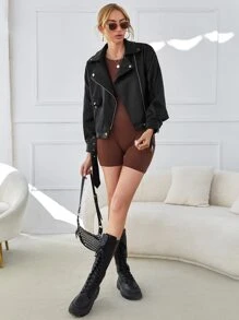 SHEIN Buckle Belted PU Leather Biker Jacket - Black - View 3