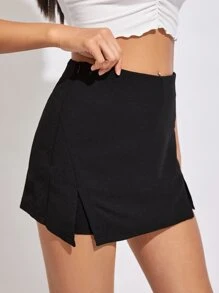 SHEIN PETITE 高腰下擺開叉裙裤 - 黑色 - 查看 3