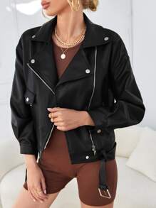 SHEIN Buckle Belted PU Leather Biker Jacket - Black - View 5