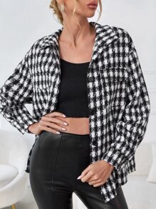 SHEIN 千鳥格圖案翻蓋口袋花呢外套 - 黑與白 - 查看 1