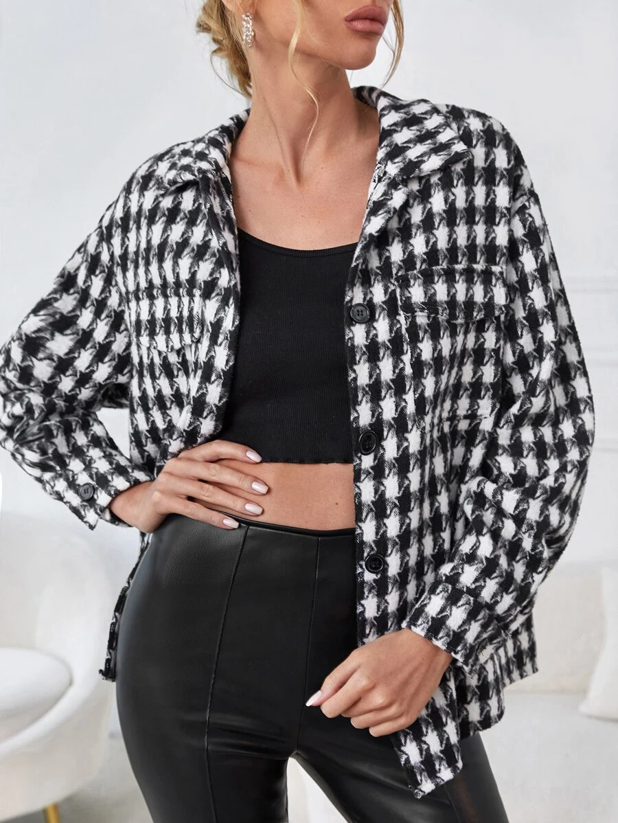 SHEIN 千鳥格圖案翻蓋口袋花呢外套 - 黑與白 - 查看 1