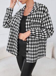SHEIN 千鳥格圖案翻蓋口袋花呢外套 - 黑與白 - 查看 3
