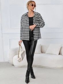 SHEIN 千鳥格圖案翻蓋口袋花呢外套 - 黑與白 - 查看 4