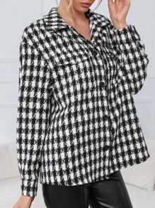 SHEIN 千鳥格圖案翻蓋口袋花呢外套 - 黑與白 - 查看 5