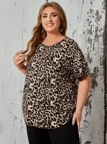 EMERY ROSE Plus Leopard Print Curved Hem Tee - Multicolor - View 3