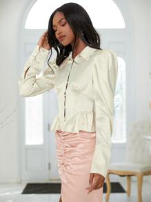 SHEINNeu 泡泡袖荷葉邊緞面襯衫 - 香檳色 - 查看 5