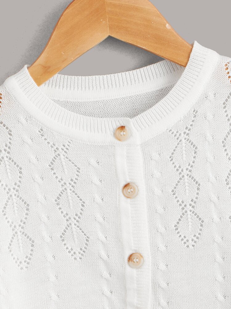 Young Girl High Low Pointelle Knit Cardigan - White - View 4