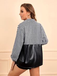 SHEIN LUNE 千鳥格拼塊拉鏈開襟PU皮革花呢外套 - 黑與白 - 查看 2