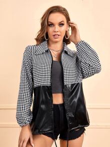 SHEIN LUNE 千鳥格拼塊拉鏈開襟PU皮革花呢外套 - 黑與白 - 查看 3