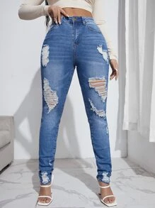 SHEIN Jeans roto delgado con lavado - Azul lavado medio - Ver 1