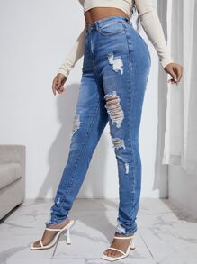 SHEIN Jeans roto delgado con lavado - Azul lavado medio - Ver 4