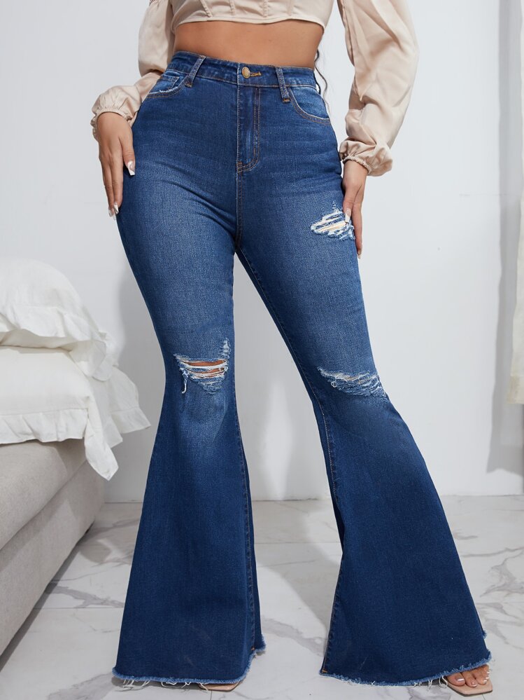 SHEIN SXY ハイウェスト ダメージ 擦り付け柄ヘム フレアレッグ