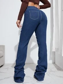 SHEIN 高腰梯狀做舊褶皺牛仔喇叭褲