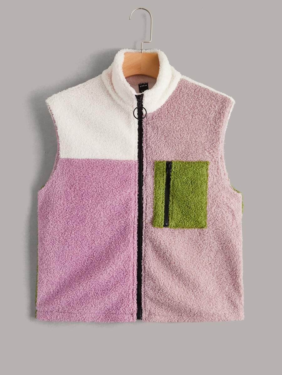 SHEIN EZwear Zipper Front Colourblock Teddy Jacket - Multicolor - View 1