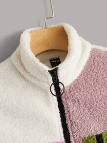 SHEIN EZwear Zipper Front Colourblock Teddy Jacket - Multicolor - View 3