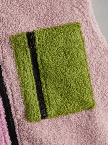 SHEIN EZwear Zipper Front Colourblock Teddy Jacket - Multicolor - View 4