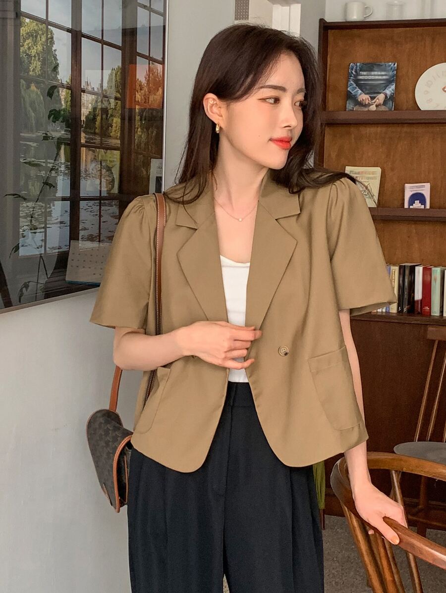 DAZY Puff Sleeve Pocket Patched Blazer - Khaki - View 1