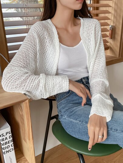 Pointelle Knit Open Front Crop Cardigan,Fall Clothes