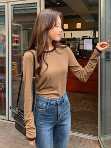 DAZY Round Neck Contrast Binding Tee Fall Tops - Camel - View 3
