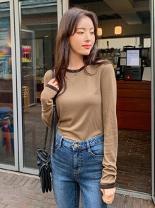 DAZY Round Neck Contrast Binding Tee Fall Tops - Camel - View 4