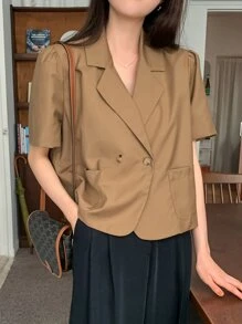 DAZY Puff Sleeve Pocket Patched Blazer - Khaki - View 4