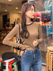 DAZY Round Neck Contrast Binding Tee Fall Tops - Camel - View 5