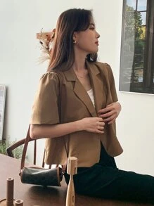 DAZY Puff Sleeve Pocket Patched Blazer - Khaki - View 6