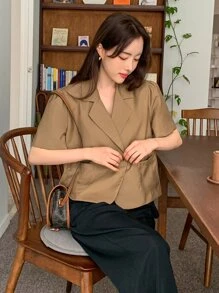 DAZY Puff Sleeve Pocket Patched Blazer - Khaki - View 7