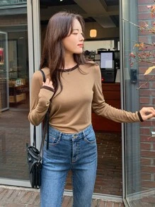 DAZY Round Neck Contrast Binding Tee Fall Tops - Camel - View 8
