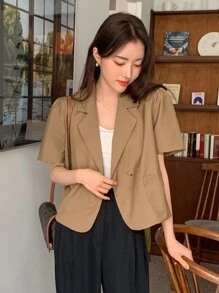 DAZY Puff Sleeve Pocket Patched Blazer - Khaki - View 8