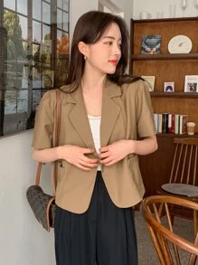 DAZY Puff Sleeve Pocket Patched Blazer - Khaki - View 9