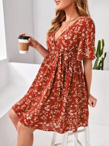 SHEIN Váy Bà bầu Thắt lưng Trọn gói Họa tiết hoa Boho - Rỉ Nâu - Xem 1