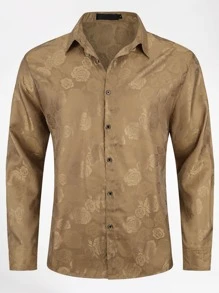 CLOUDSTYLE Men Jacquard Button Up Shirt - Khaki - View 1
