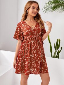 SHEIN Váy Bà bầu Thắt lưng Trọn gói Họa tiết hoa Boho - Rỉ Nâu - Xem 3