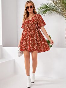 SHEIN Váy Bà bầu Thắt lưng Trọn gói Họa tiết hoa Boho - Rỉ Nâu - Xem 4