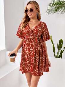 SHEIN Váy Bà bầu Thắt lưng Trọn gói Họa tiết hoa Boho - Rỉ Nâu - Xem 5