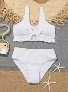 Tween Girl 结饰荷叶边下摆比基尼套装 夏日海滩 - 白色 - 查看 1