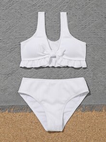 Tween Girl 结饰荷叶边下摆比基尼套装 夏日海滩 - 白色 - 查看 5