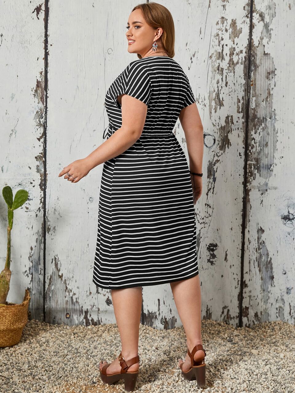 Plus Striped Pocket Detail Drawstring Dress, Summer
