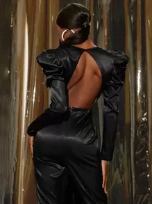 SHEINNeu Gigot Sleeve Backless Satin Jumpsuit - Black - View 2