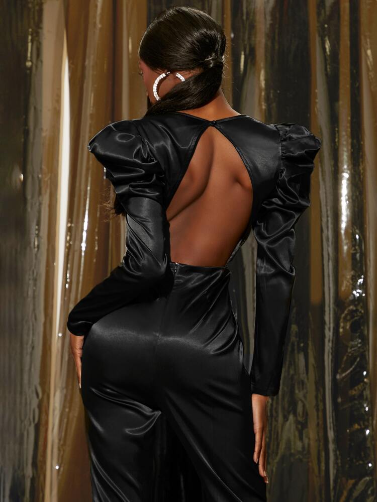 Gigot Sleeve Backless Satin Jumpsuit