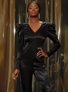 SHEINNeu Gigot Sleeve Backless Satin Jumpsuit - Black - View 4