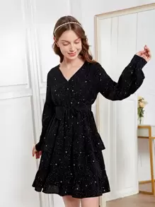 SHEIN 青少年女孩燈籠袖多層下擺繫腰帶洋裝