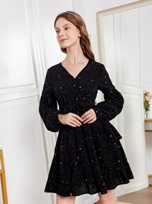 SHEIN 青少年女孩燈籠袖多層下擺繫腰帶洋裝