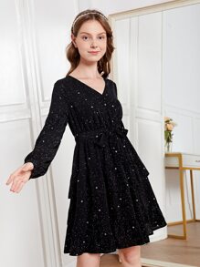 SHEIN 青少年女孩燈籠袖多層下擺繫腰帶洋裝