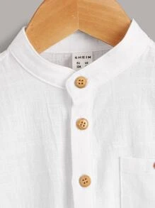 SHEIN Young Boy Mock Neck Half Button Patched Pocket Shirt - White - View 4